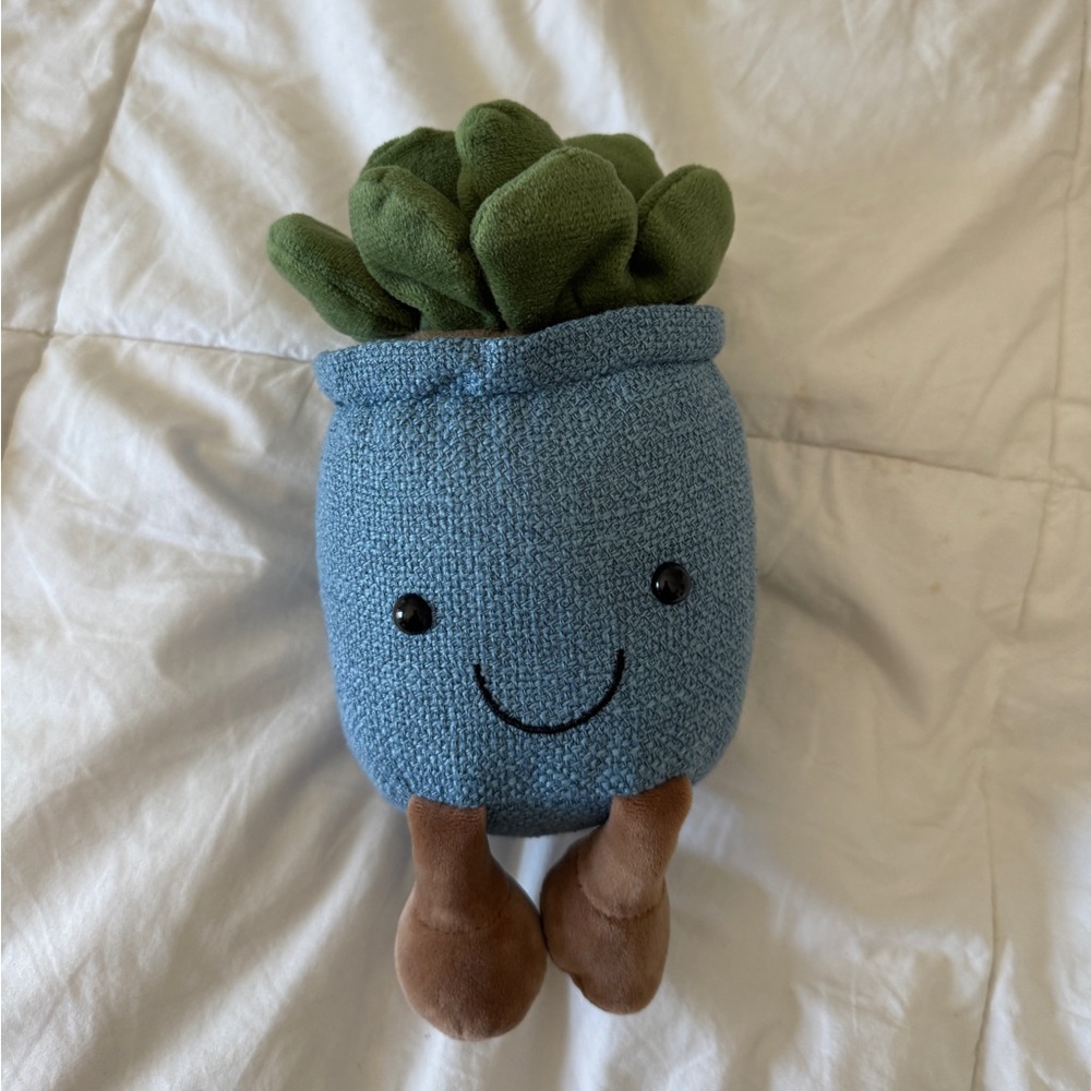 Succulent Plush Potted Plant - 7" Blue Planter Soft Toy Decoration - EUC